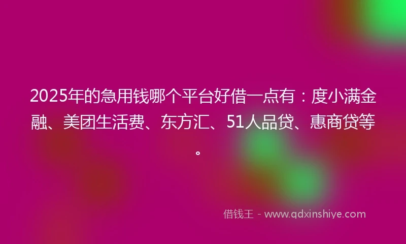 2025年的急用钱哪个平台好借一点有：度小满金融、美团生活费、东方汇、51人品贷、惠商贷等。