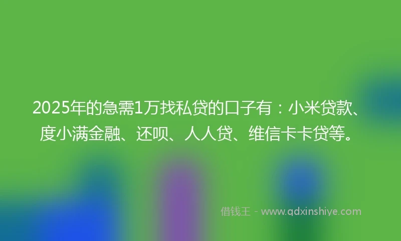 2025年的急需1万找私贷的口子有：小米贷款、度小满金融、还呗、人人贷、维信卡卡贷等。
