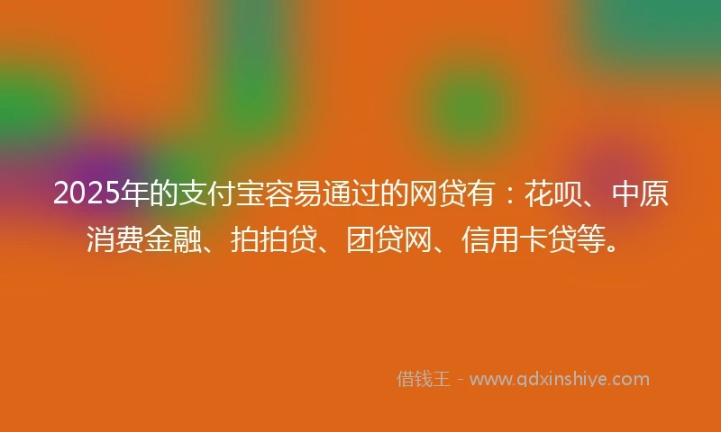 2025年的支付宝容易通过的网贷有：花呗、中原消费金融、拍拍贷、团贷网、信用卡贷等。