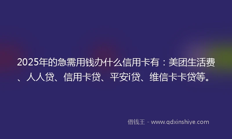 2025年的急需用钱办什么信用卡有：美团生活费、人人贷、信用卡贷、平安i贷、维信卡卡贷等。