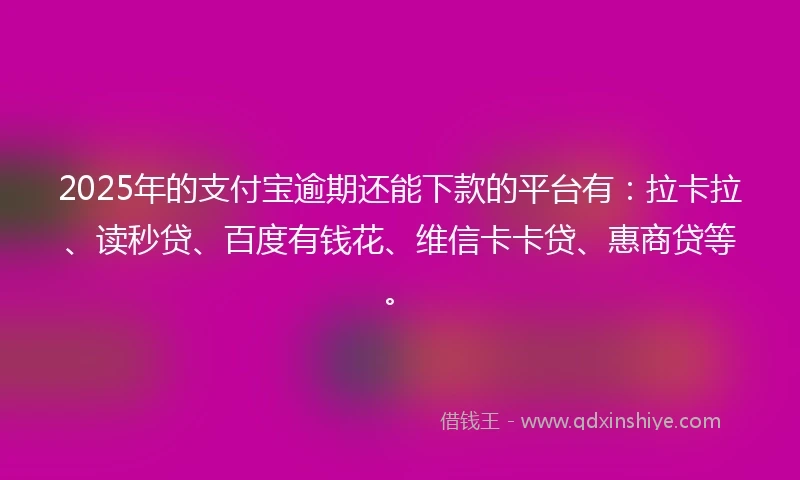 2025年的支付宝逾期还能下款的平台有：拉卡拉、读秒贷、百度有钱花、维信卡卡贷、惠商贷等。