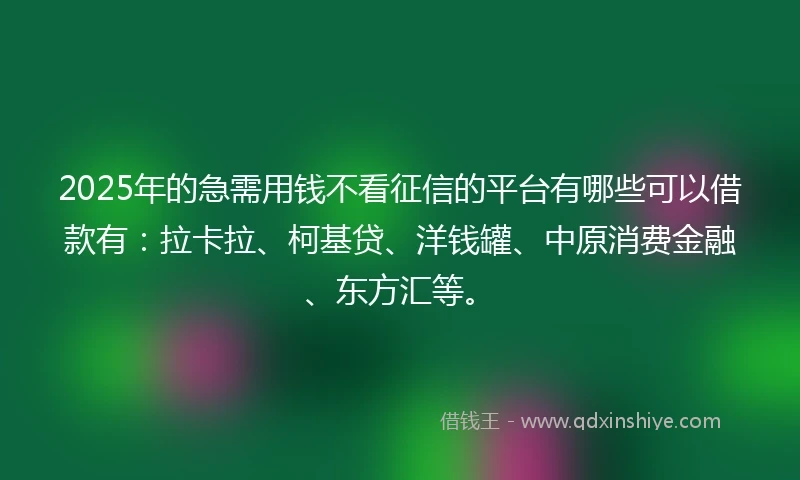 2025年的急需用钱不看征信的平台有哪些可以借款有：拉卡拉、柯基贷、洋钱罐、中原消费金融、东方汇等。