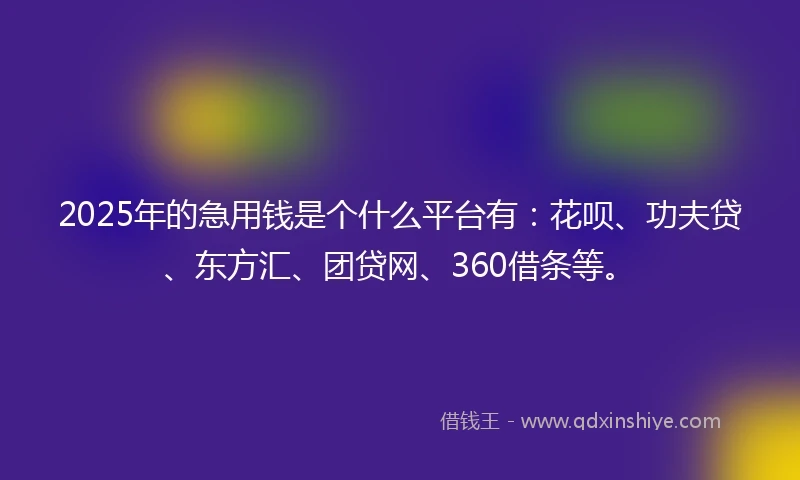 2025年的急用钱是个什么平台有：花呗、功夫贷、东方汇、团贷网、360借条等。