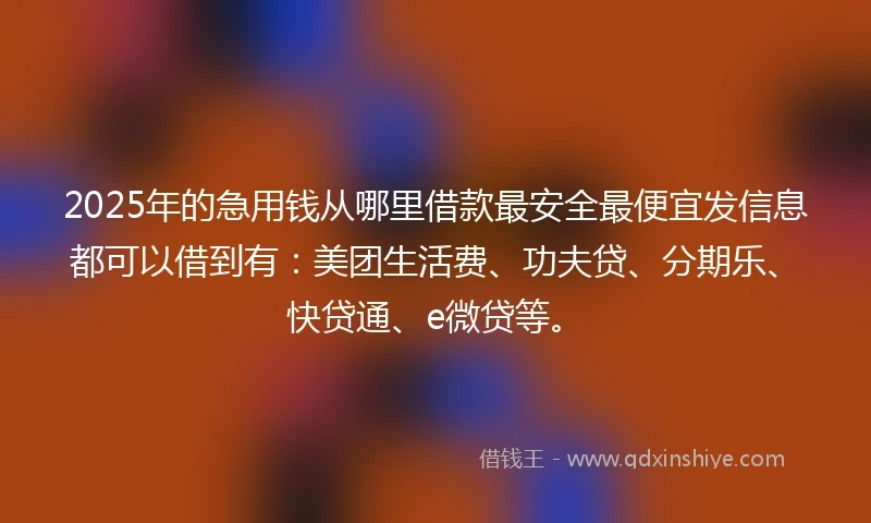 2025年的急用钱从哪里借款最安全最便宜发信息都可以借到有：美团生活费、功夫贷、分期乐、快贷通、e微贷等。