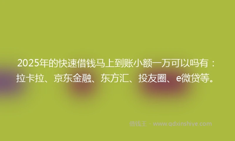 2025年的快速借钱马上到账小额一万可以吗有：拉卡拉、京东金融、东方汇、投友圈、e微贷等。