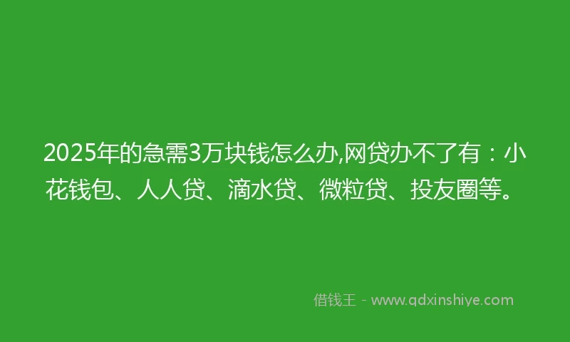 2025年的急需3万块钱怎么办,网贷办不了有:小花钱包、人人贷、滴水贷、微粒贷、投友圈等。