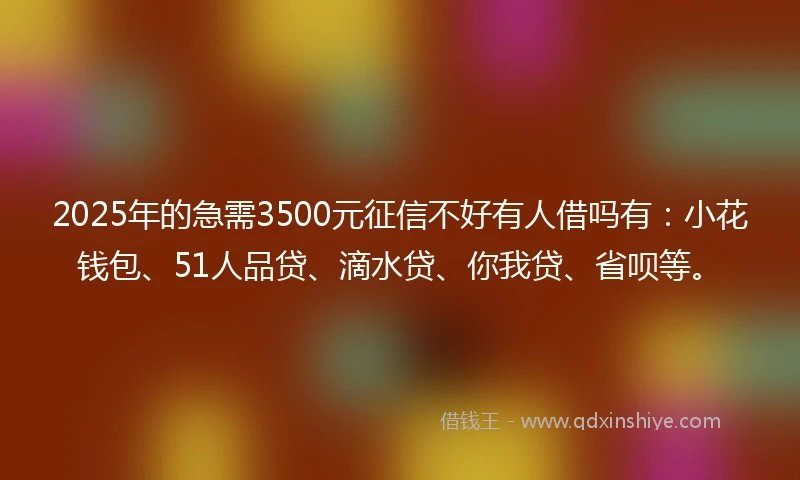 2025年的急需3500元征信不好有人借吗有：小花钱包、51人品贷、滴水贷、你我贷、省呗等。