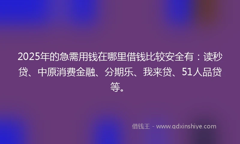 2025年的急需用钱在哪里借钱比较安全有：读秒贷、中原消费金融、分期乐、我来贷、51人品贷等。