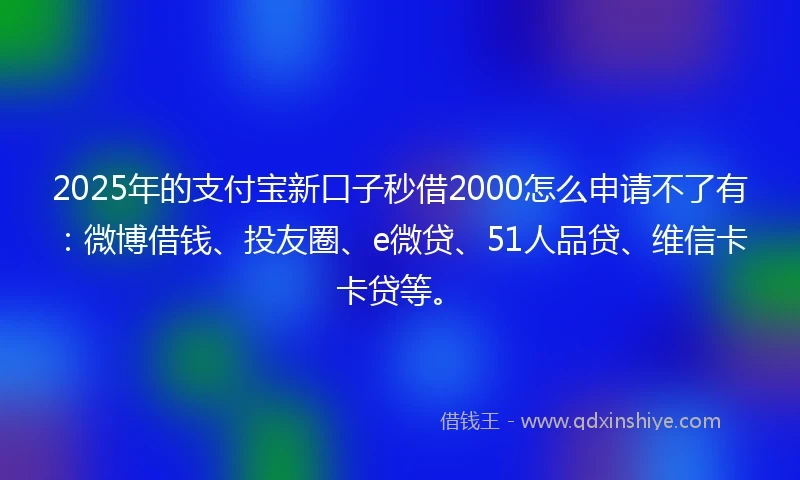 2025年的支付宝新口子秒借2000怎么申请不了有:微博借钱、投友圈、e微贷、51人品贷、维信卡卡贷等。