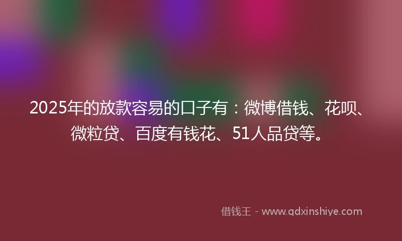 2025年的放款容易的口子有：微博借钱、花呗、微粒贷、百度有钱花、51人品贷等。