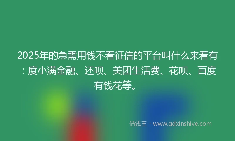 2025年的急需用钱不看征信的平台叫什么来着有：度小满金融、还呗、美团生活费、花呗、百度有钱花等。