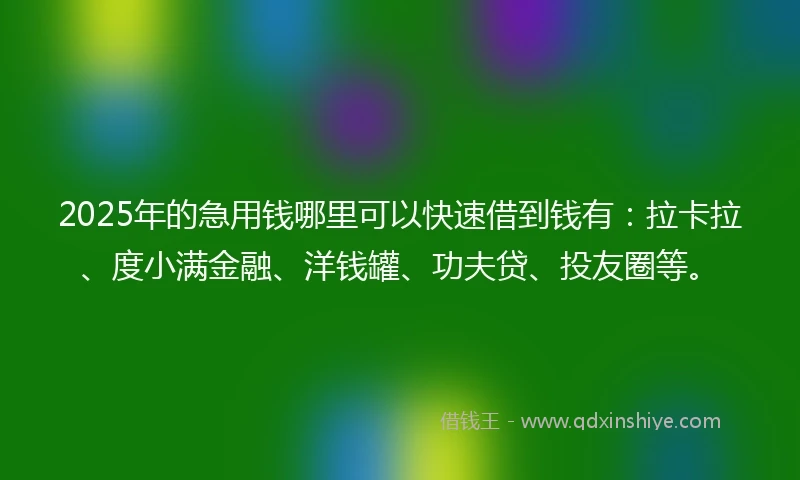 2025年的急用钱哪里可以快速借到钱有：拉卡拉、度小满金融、洋钱罐、功夫贷、投友圈等。