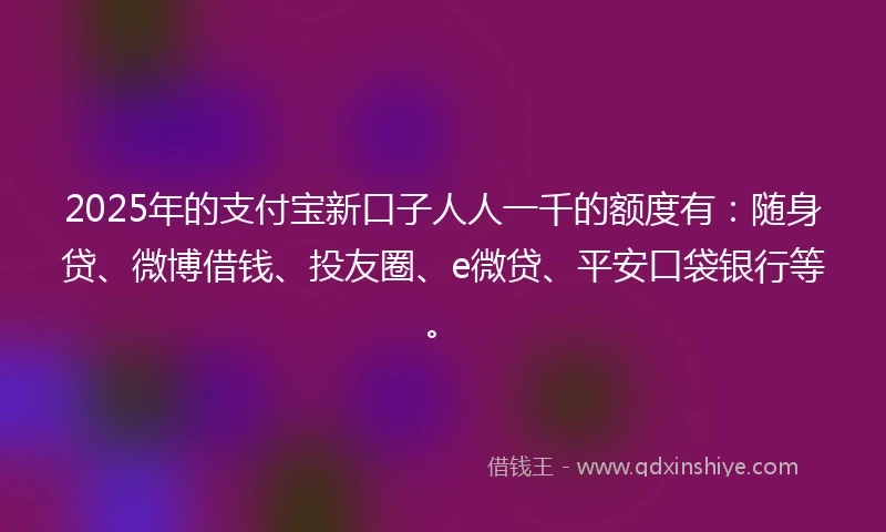 2025年的支付宝新口子人人一千的额度有：随身贷、微博借钱、投友圈、e微贷、平安口袋银行等。