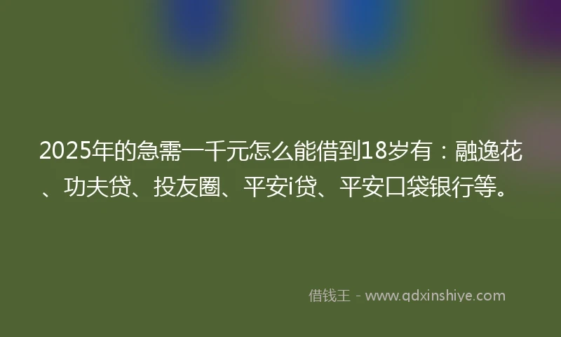 2025年的急需一千元怎么能借到18岁有：融逸花、功夫贷、投友圈、平安i贷、平安口袋银行等。