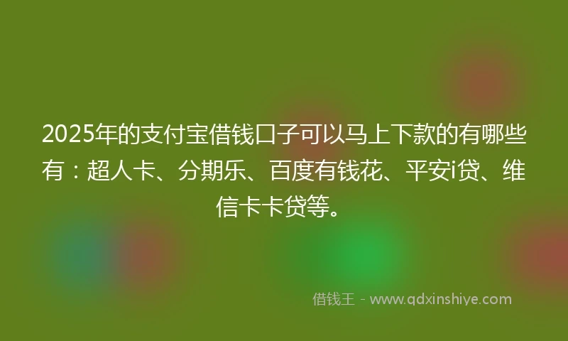 2025年的支付宝借钱口子可以马上下款的有哪些有：超人卡、分期乐、百度有钱花、平安i贷、维信卡卡贷等。