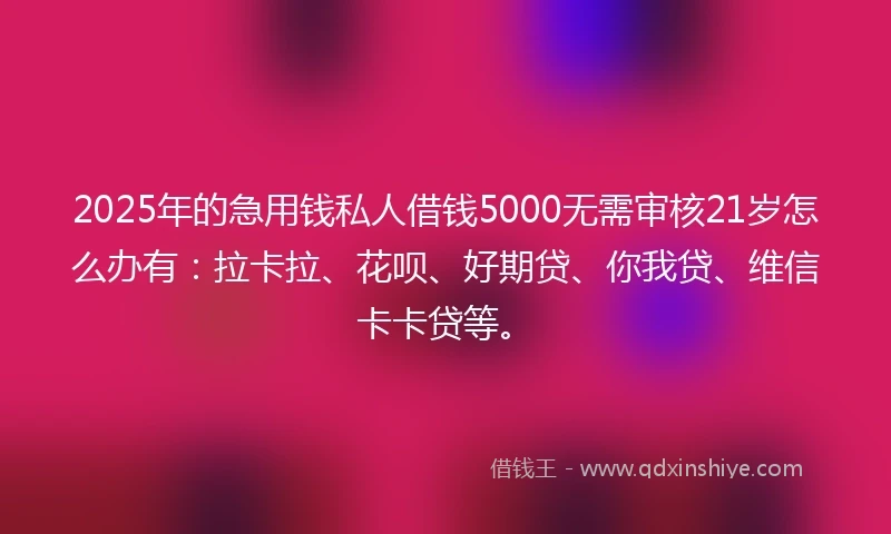 2025年的急用钱私人借钱5000无需审核21岁怎么办有：拉卡拉、花呗、好期贷、你我贷、维信卡卡贷等。