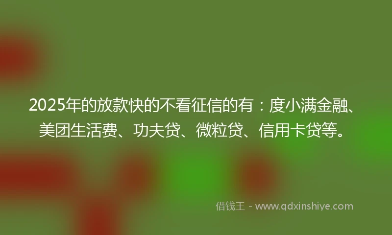 2025年的放款快的不看征信的有：度小满金融、美团生活费、功夫贷、微粒贷、信用卡贷等。