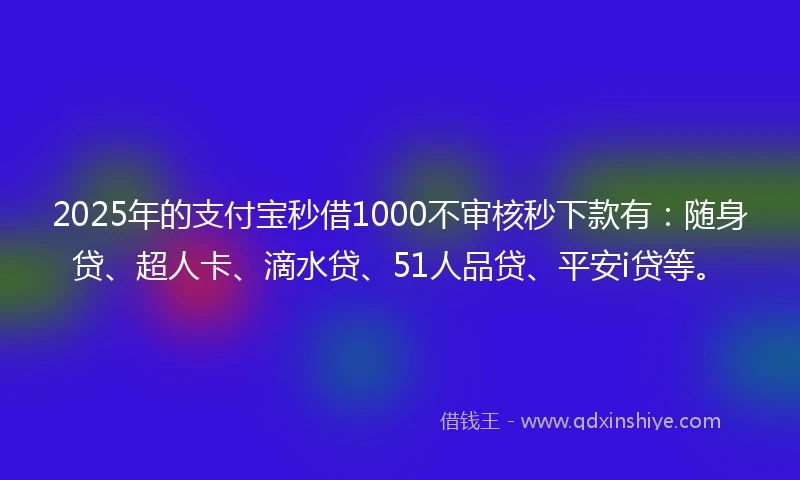2025年的支付宝秒借1000不审核秒下款有：随身贷、超人卡、滴水贷、51人品贷、平安i贷等。