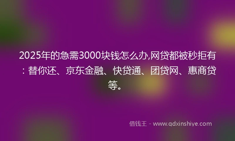 2025年的急需3000块钱怎么办,网贷都被秒拒有：替你还、京东金融、快贷通、团贷网、惠商贷等。
