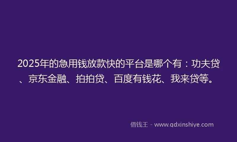 2025年的急用钱放款快的平台是哪个有：功夫贷、京东金融、拍拍贷、百度有钱花、我来贷等。