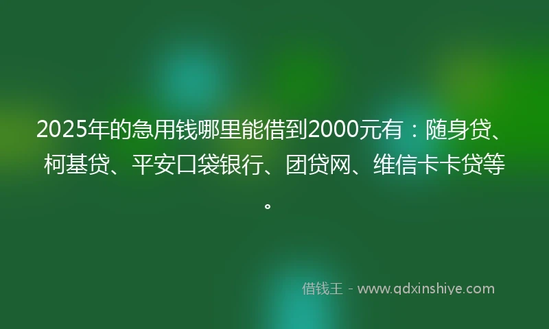 2025年的急用钱哪里能借到2000元有：随身贷、柯基贷、平安口袋银行、团贷网、维信卡卡贷等。
