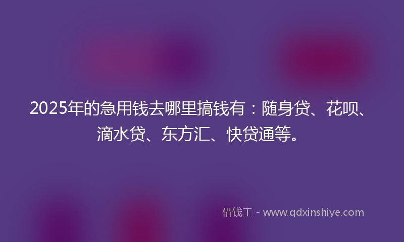 2025年的急用钱去哪里搞钱有：随身贷、花呗、滴水贷、东方汇、快贷通等。