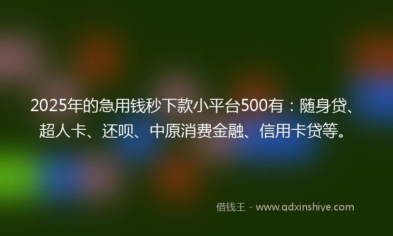 2025年的急用钱秒下款小平台500有：随身贷、超人卡、还呗、中原消费金融、信用卡贷等。