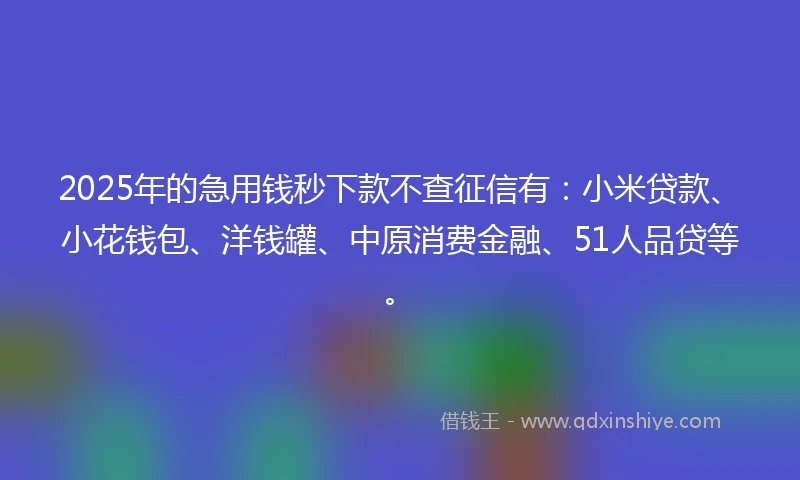 2025年的急用钱秒下款不查征信有：小米贷款、小花钱包、洋钱罐、中原消费金融、51人品贷等。