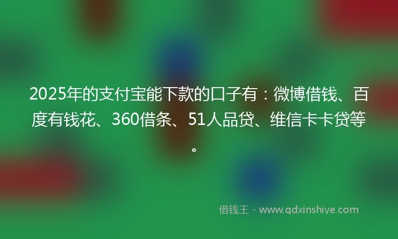 2025年的支付宝能下款的口子有：微博借钱、百度有钱花、360借条、51人品贷、维信卡卡贷等。