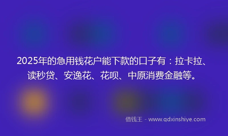 2025年的急用钱花户能下款的口子有：拉卡拉、读秒贷、安逸花、花呗、中原消费金融等。