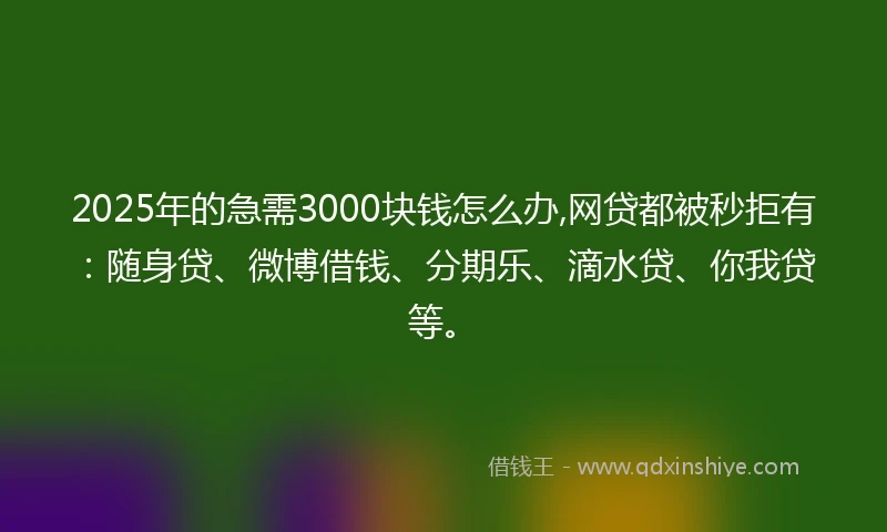 2025年的急需3000块钱怎么办,网贷都被秒拒有：随身贷、微博借钱、分期乐、滴水贷、你我贷等。