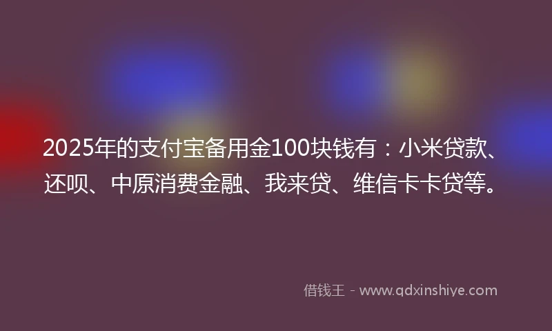 2025年的支付宝备用金100块钱有：小米贷款、还呗、中原消费金融、我来贷、维信卡卡贷等。