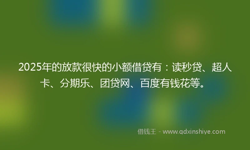 2025年的放款很快的小额借贷有：读秒贷、超人卡、分期乐、团贷网、百度有钱花等。