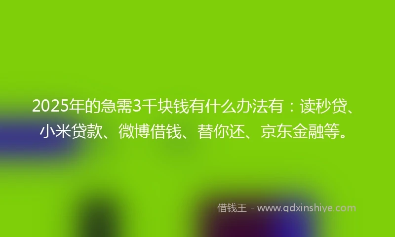 2025年的急需3千块钱有什么办法有：读秒贷、小米贷款、微博借钱、替你还、京东金融等。