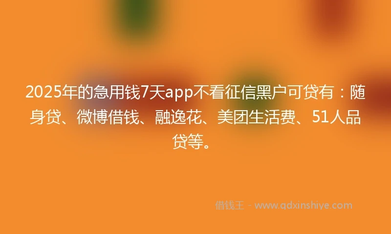 2025年的急用钱7天app不看征信黑户可贷有：随身贷、微博借钱、融逸花、美团生活费、51人品贷等。