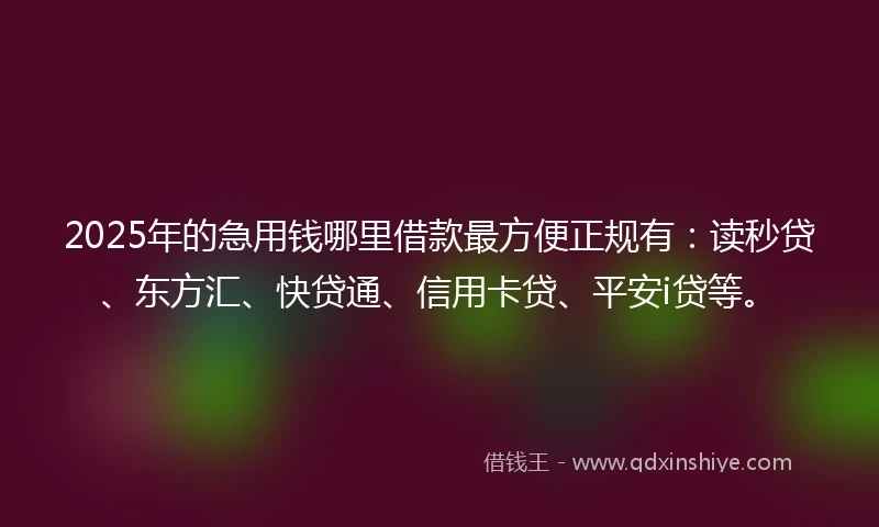 2025年的急用钱哪里借款最方便正规有：读秒贷、东方汇、快贷通、信用卡贷、平安i贷等。
