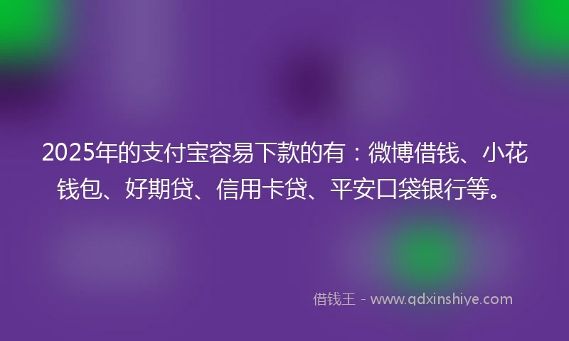 2025年的支付宝容易下款的有：微博借钱、小花钱包、好期贷、信用卡贷、平安口袋银行等。