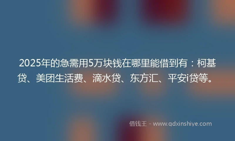 2025年的急需用5万块钱在哪里能借到有：柯基贷、美团生活费、滴水贷、东方汇、平安i贷等。