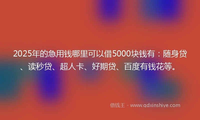 2025年的急用钱哪里可以借5000块钱有：随身贷、读秒贷、超人卡、好期贷、百度有钱花等。