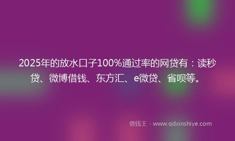 2025年的放水口子100%通过率的网贷有：读秒贷、微博借钱、东方汇、e微贷、省呗等。