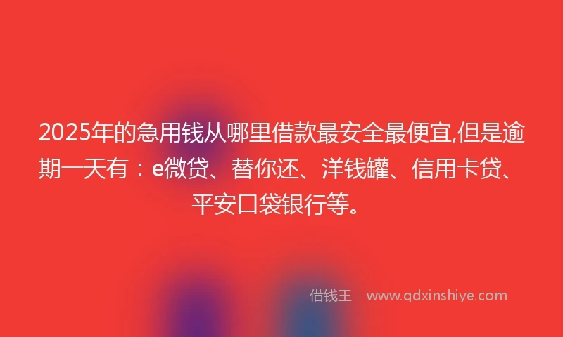 2025年的急用钱从哪里借款最安全最便宜,但是逾期一天有：e微贷、替你还、洋钱罐、信用卡贷、平安口袋银行等。