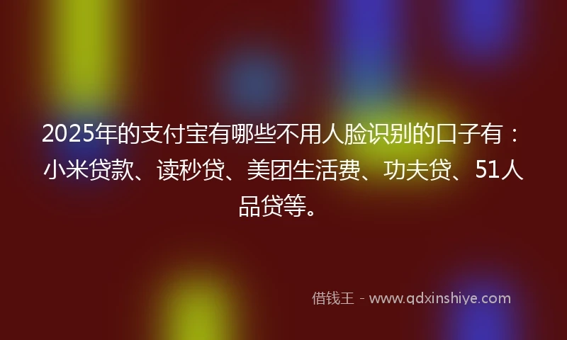 2025年的支付宝有哪些不用人脸识别的口子有：小米贷款、读秒贷、美团生活费、功夫贷、51人品贷等。