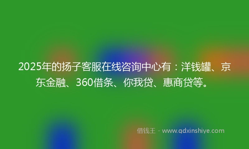 2025年的扬子客服在线咨询中心有：洋钱罐、京东金融、360借条、你我贷、惠商贷等。