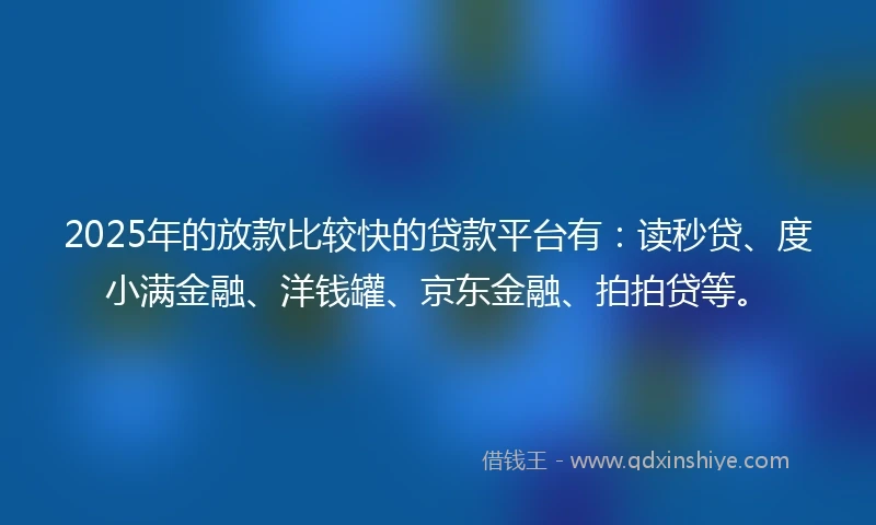 2025年的放款比较快的贷款平台有：读秒贷、度小满金融、洋钱罐、京东金融、拍拍贷等。