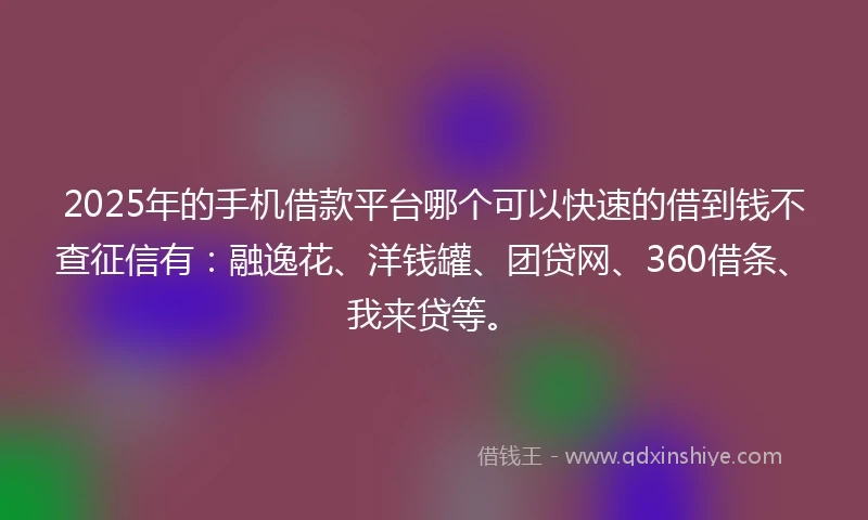 2025年的手机借款平台哪个可以快速的借到钱不查征信有：融逸花、洋钱罐、团贷网、360借条、我来贷等。