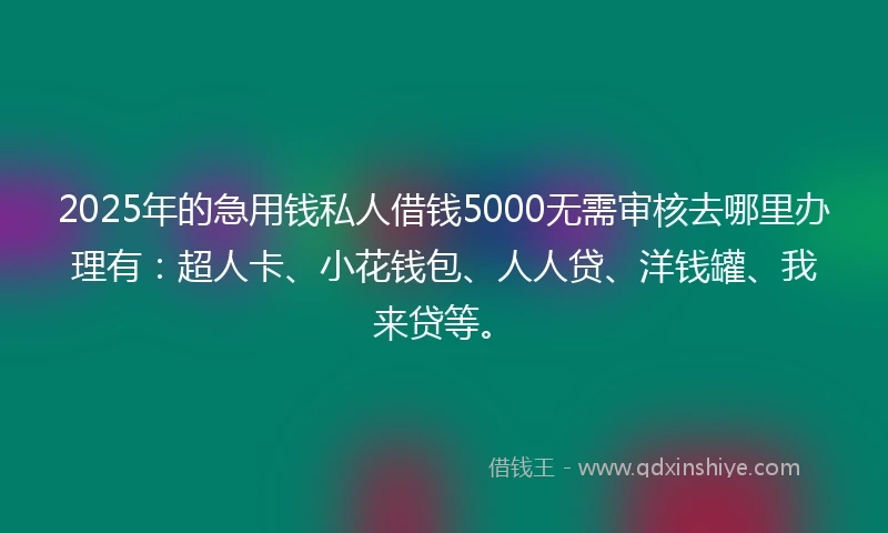 2025年的急用钱私人借钱5000无需审核去哪里办理有：超人卡、小花钱包、人人贷、洋钱罐、我来贷等。