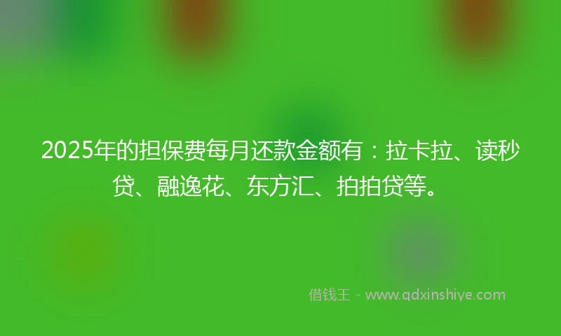 2025年的担保费每月还款金额有：拉卡拉、读秒贷、融逸花、东方汇、拍拍贷等。