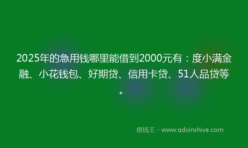 2025年的急用钱哪里能借到2000元有：度小满金融、小花钱包、好期贷、信用卡贷、51人品贷等。
