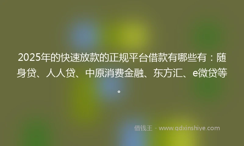 2025年的快速放款的正规平台借款有哪些有：随身贷、人人贷、中原消费金融、东方汇、e微贷等。