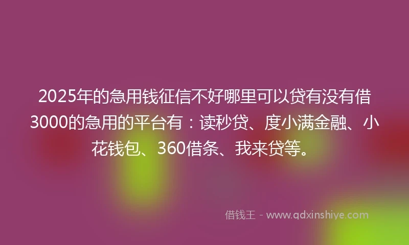 2025年的急用钱征信不好哪里可以贷有没有借3000的急用的平台有：读秒贷、度小满金融、小花钱包、360借条、我来贷等。